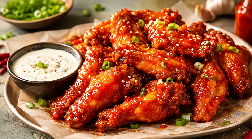 Sticky garlic Sriracha chicken wings with crisp skin, glossy spicy sauce, and dipping sauce on a plate.