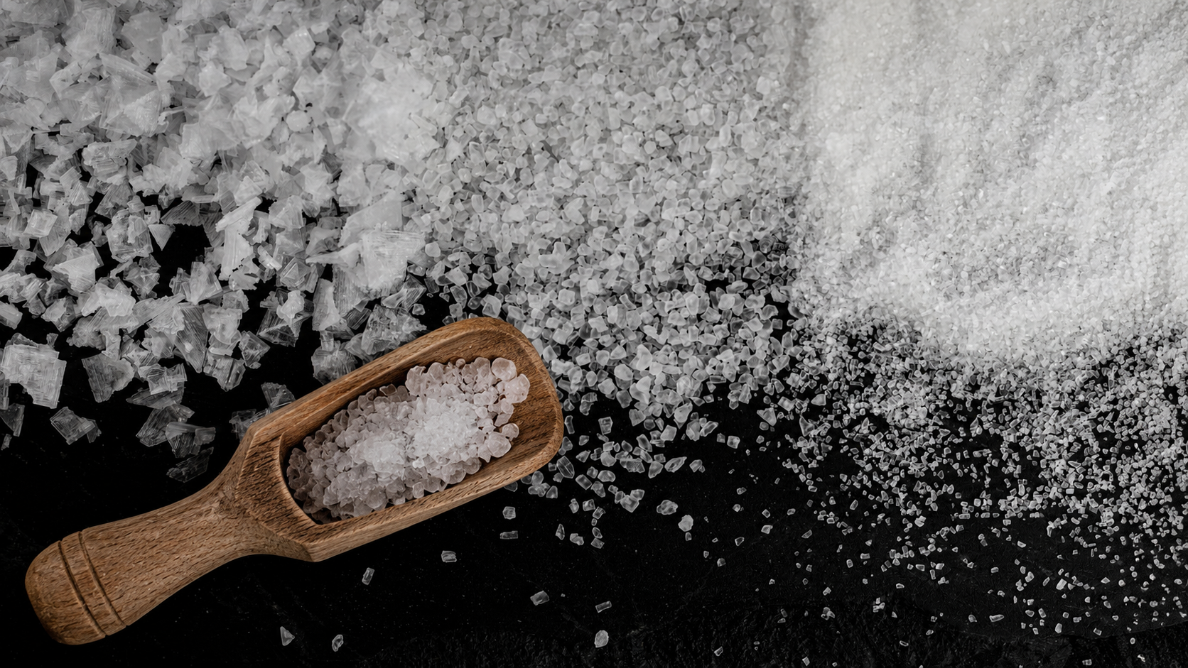 Natural sea salt crystals in fine, coarse, and flake textures on a dark stone surface with a wooden scoop.