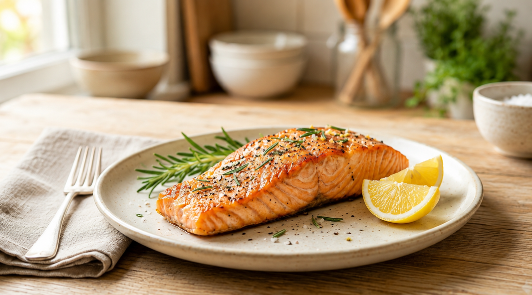 Lemon rosemary salmon with sea salt, lemon wedges, and fresh rosemary on a plate.