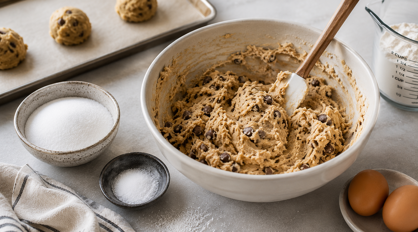 Chocolate chip cookie dough with fine grain sea salt and baking ingredients before baking.