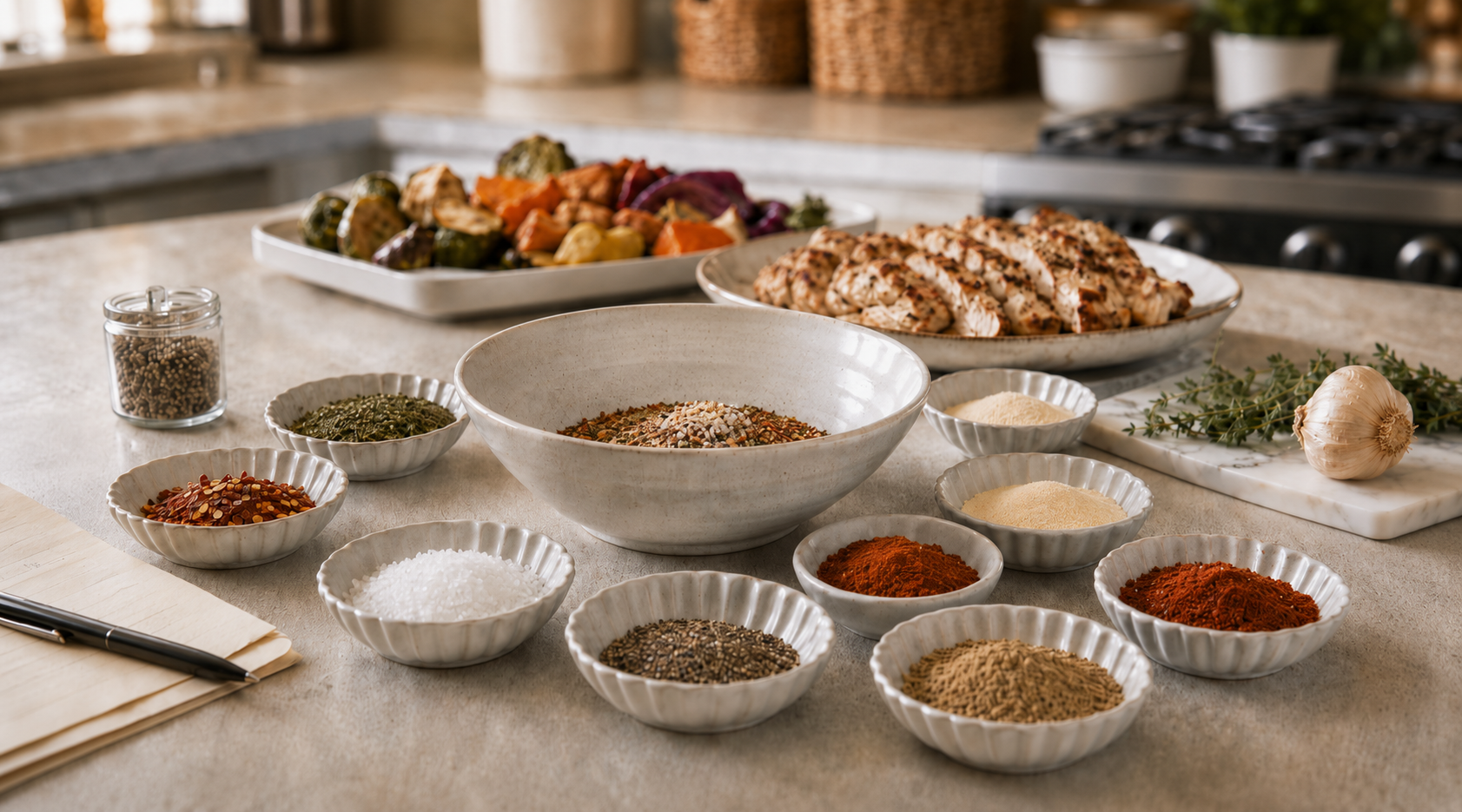 Individual spices arranged around a mixing bowl with roasted vegetables and seasoned chicken in a professional test kitchen.