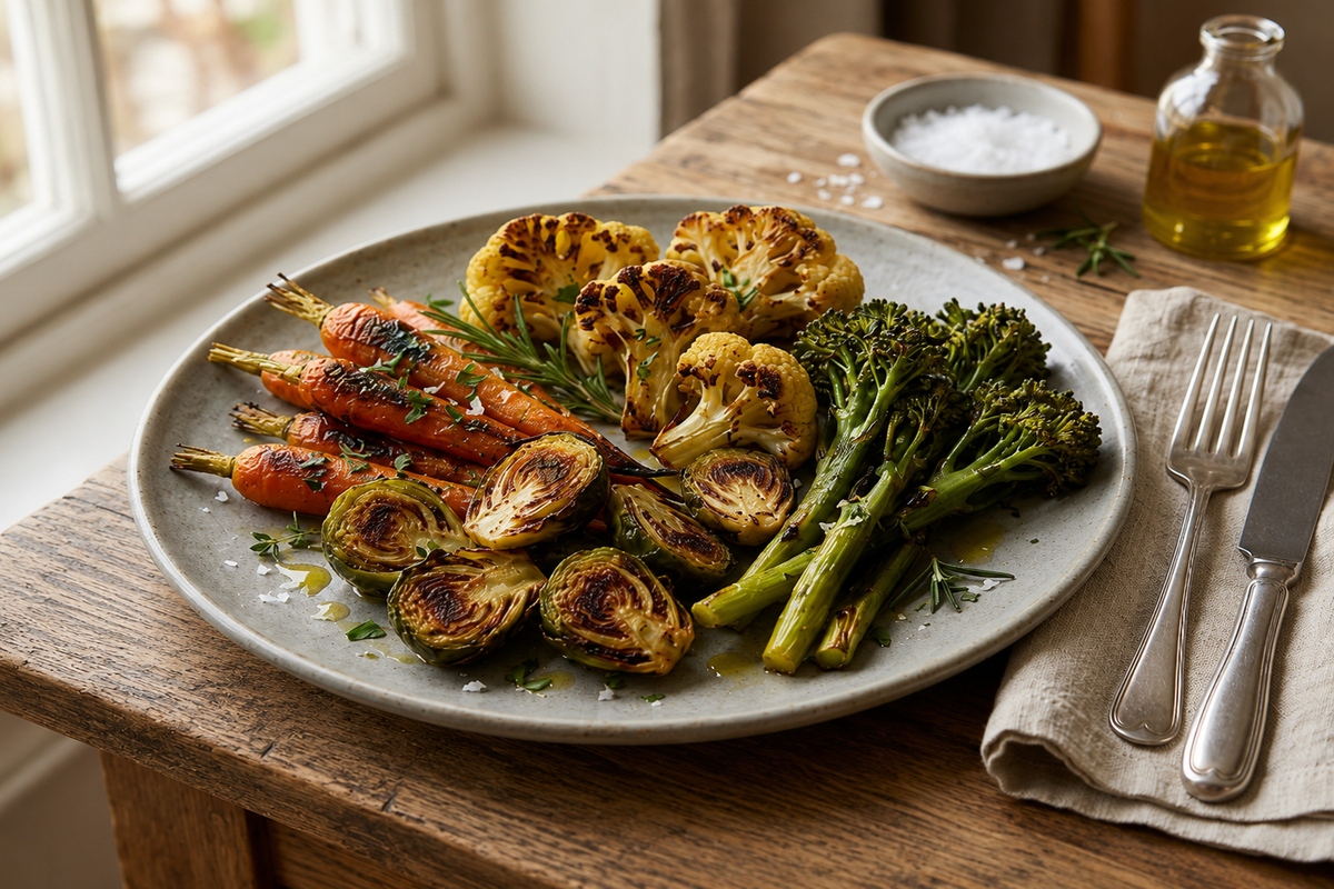 Roasted carrots, Brussels sprouts, cauliflower, and broccolini served on a ceramic plate with flaky sea salt and olive oil.